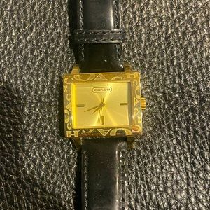 Coach gold square face watch with patten leather strap